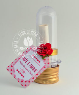 Lembrança dia das Mães Mini tubete com mensagem, rosa e tag personalizada com tampa metálica