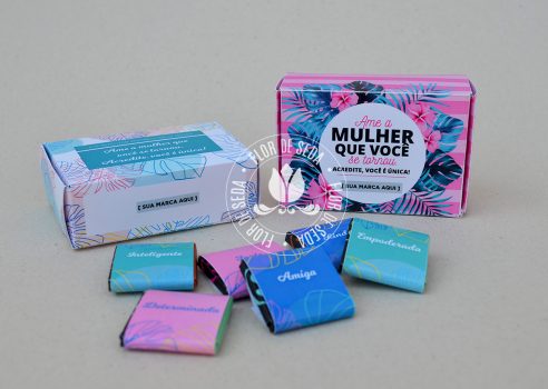 Lembrança dia Internacional da Mulher-Caixa com 6 tabletes de chocolate com cinta Personalizada