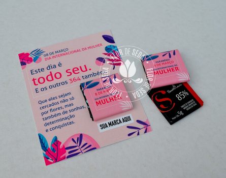 Lembrança dia Internacional da Mulher-Cartão personalizado com 1 tablete de chocolate com cinta Personalizada