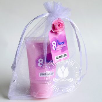 Lembrança dia Internacional da Mulher-Álcool gel bisnaga personalizada no saquinho de organza com tag personalizada