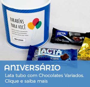Aniversário Funcionário Lata Tubo Personalizada com Chocolates Variados.